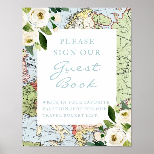 Floral Map Travel Theme Gästebuchunterschrift Poster (Vorne)