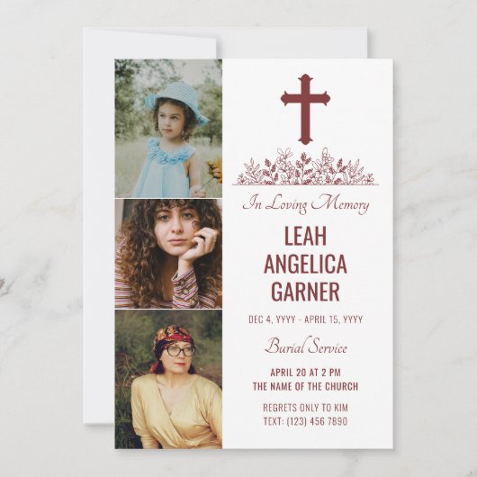 Floral Maroon Cross 3 Fotos Weißes Burgservice Einladung (Vorderseite)