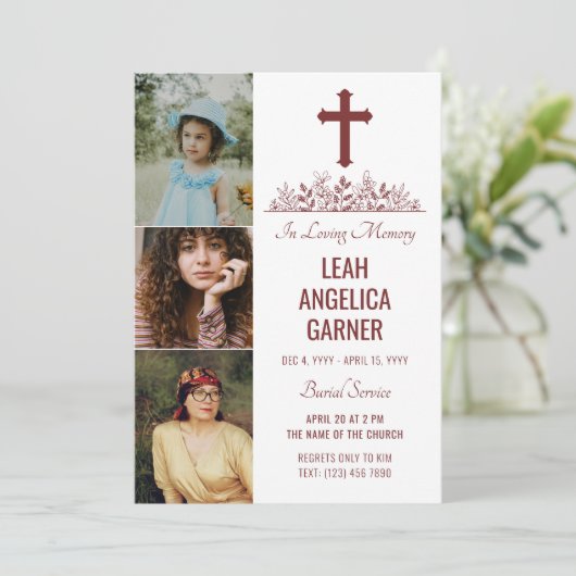 Floral Maroon Cross 3 Fotos Weißes Burgservice Einladung (Stehend Vorderseite)