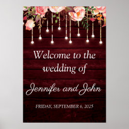 Floral Maroon Holz Rustikale Hochzeit Empfang Poster