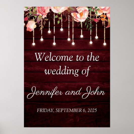 Floral Maroon Holz Rustikale Hochzeit Empfang Poster (Vorne)