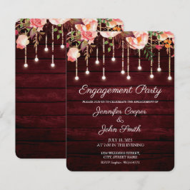 Floral Maroon Wood Rustic Engagement Party Einladung
