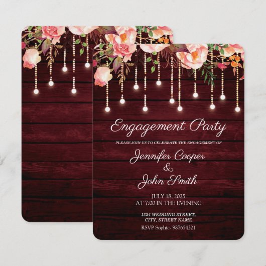 Floral Maroon Wood Rustic Engagement Party Einladung (Vorne/Hinten)