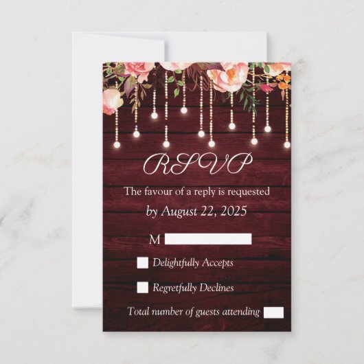 Floral Maroon Wooden Rustic Wedding RSVP Karte (Vorderseite)