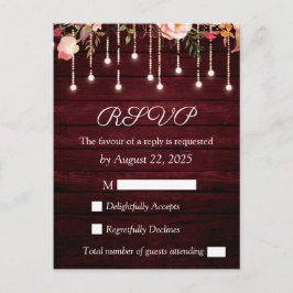 Floral Maroon Wooden Rustic Wedding RSVP Postkarte