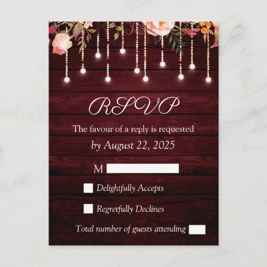 Floral Maroon Wooden Rustic Wedding RSVP Postkarte (Vorderseite)