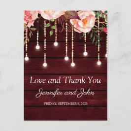 Floral Maroon Wooden Rustic Wedding Vielen Dank Postkarte