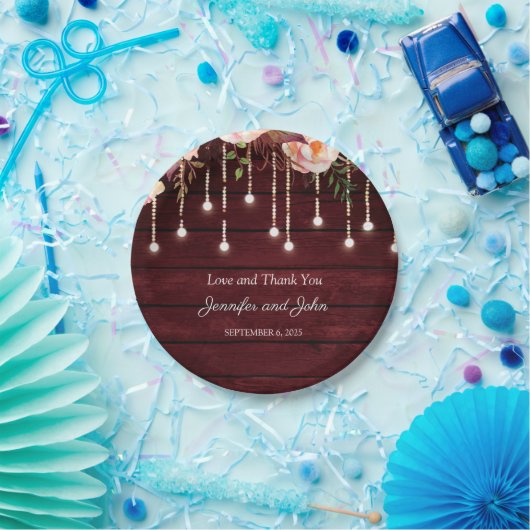 Floral Maroon Wooden Rustikale Hochzeit Pappteller (Party)