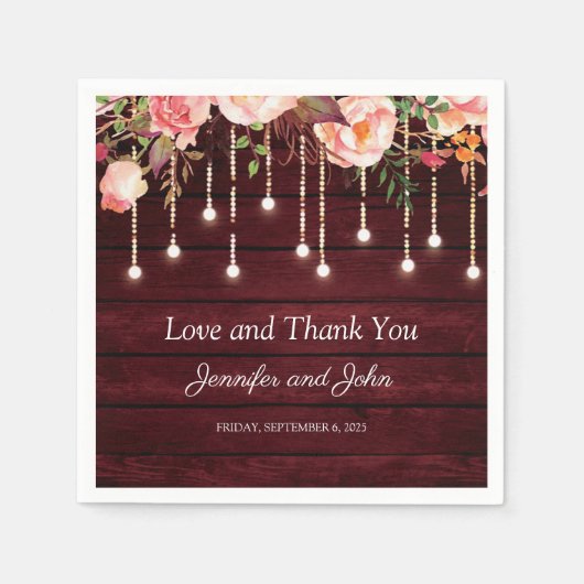 Floral Maroon Wooden Rustikale Hochzeit Serviette (Vorderseite)