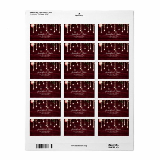 Floral Maroon Wooden Rustikale Hochzeitsfeier Rück Adressaufkleber (Vorne)