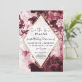 Floral Marsala Red Gold Geometric w Script Save The Date (Stehend Vorderseite)