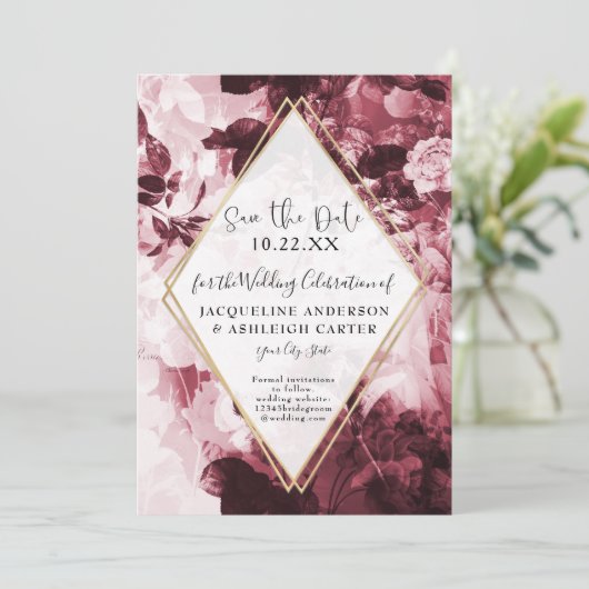 Floral Marsala Red Gold Geometric w Script Save The Date (Stehend Vorderseite)
