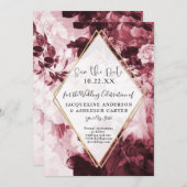 Floral Marsala Red Gold Geometric w Script Save The Date (Vorne/Hinten)
