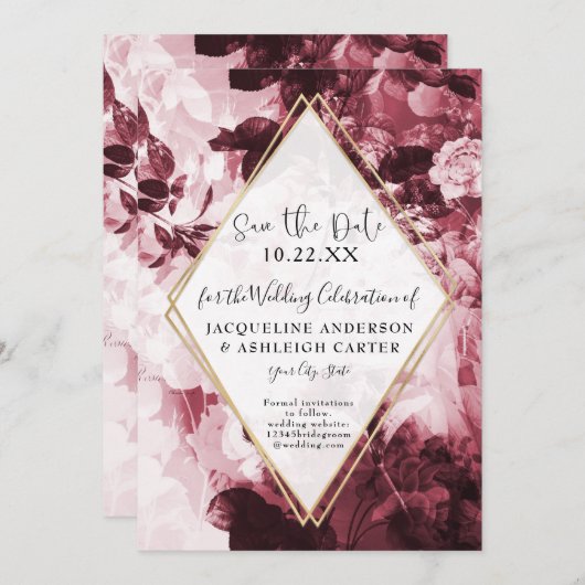 Floral Marsala Red Gold Geometric w Script Save The Date (Vorne/Hinten)