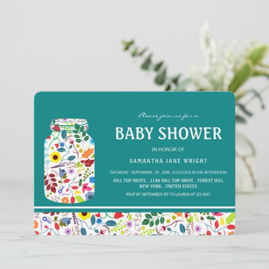Floral Mason Jar Baby Shower Einladung (Stehend Vorderseite)