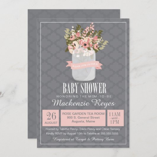 Floral Mason Jar Babydusche Einladung (Vorne/Hinten)
