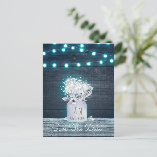 Floral Mason Jar Blue Lights Rustikal Save the Dat Ankündigungspostkarte (Stehend Vorderseite)