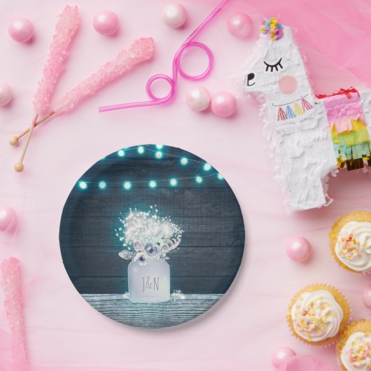 Floral Mason Jar & Blue Lights Rustikale Hochzeit Pappteller (Party)