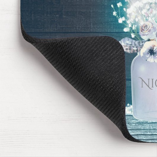 Floral Mason Jar & Blue String Lights Rustikal Mousepad (Ecke)