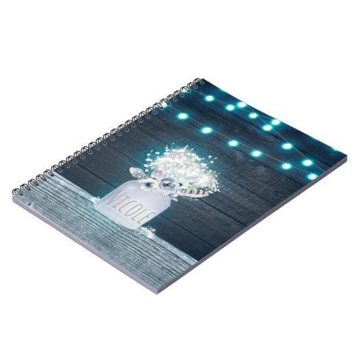 Floral Mason Jar & Blue String Lights Rustikal Notizblock (Linke Seite)