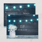 Floral Mason Jar & Blue String Lights Rustikale UA Einladungspostkarte (Vorne/Hinten)