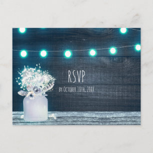 Floral Mason Jar & Blue String Lights Rustikale UA Einladungspostkarte