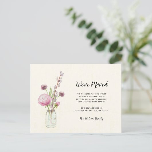 Floral Mason Jar haben wir neue Adresse verschoben Postkarte (Stehend Vorderseite)
