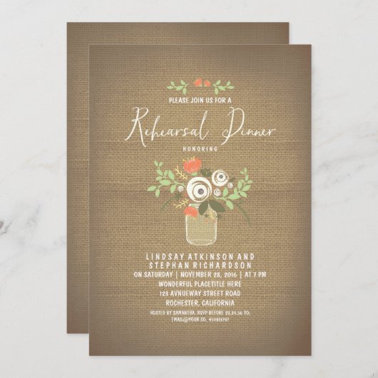 Floral Mason Jar Rustic Burlap Probe Dinner Einladung (Vorne/Hinten)