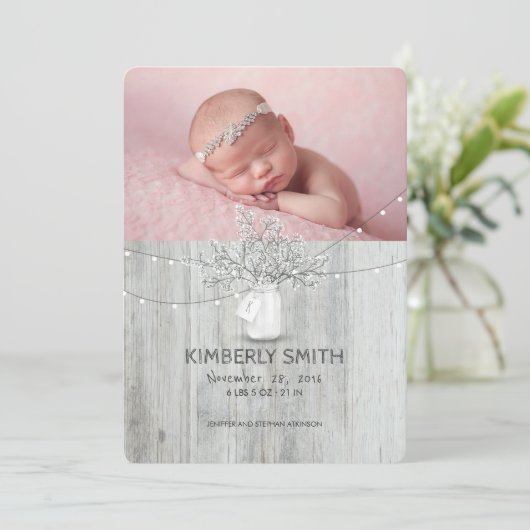 Floral Mason Jar Rustic Newborn Baby Foto Birth Ankündigung (Stehend Vorderseite)