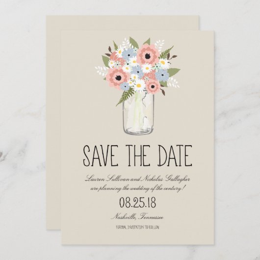 Floral Mason Jar Save the Date (Vorne/Hinten)