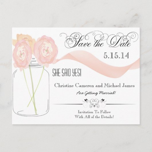 Floral Mason Jar Save the Date Postkarten (Vorderseite)