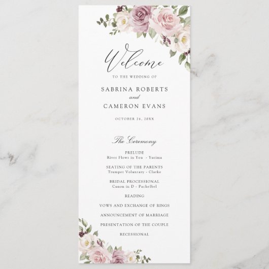 Floral Mauve Blush Greenery Elegante Script Weddin Programm (Vorderseite)