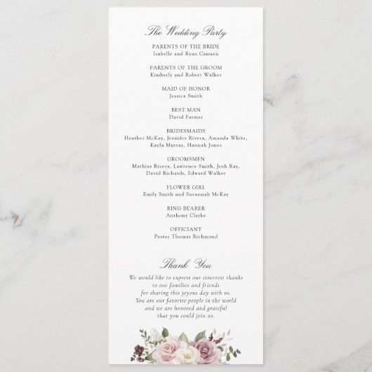 Floral Mauve Blush Greenery Elegante Script Weddin Programm (Rückseite)
