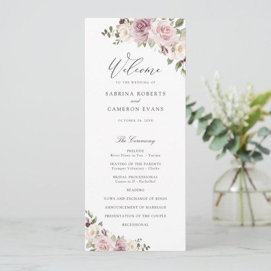 Floral Mauve Blush Greenery Elegante Script Weddin Programm (Stehend Vorderseite)