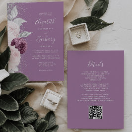 Floral Mauve Blush Silver Glitzer QR Code Hochzeit Einladung