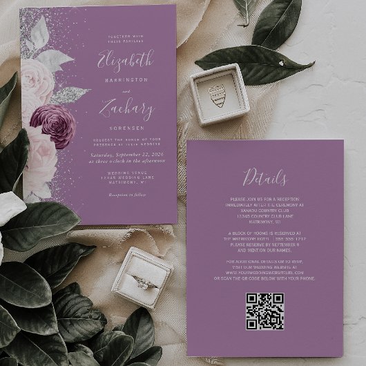Floral Mauve Blush Silver Glitzer QR Code Hochzeit Einladung