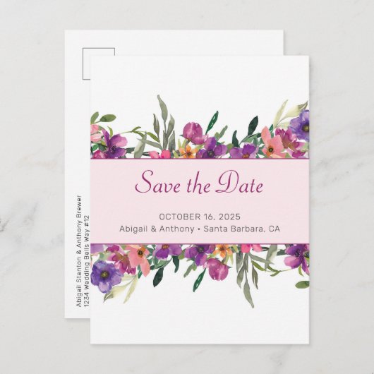 Floral Mauve Botanische Wasserfarbe Save the Date Ankündigungspostkarte (Vorne/Hinten)