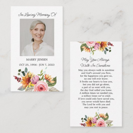 Floral Memorial Photo Funeral Prayer Card Visitenkarte (Vorne/Hinten)