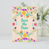 Floral Mexican Fiesta & Papel Picado - Champagner Save The Date (Stehend Vorderseite)