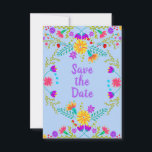 Floral Mexican Fiesta & Papel Picado - Light Blue Save The Date<br><div class="desc">Blumenkarte im mexikanischen Fiesta-Stil und beiderseits mit volkstümlichen Blume und Papelpicado dekoriert. Die Formulierung auf der Vorderseite lautet einfach "Save the Date" auf lila auf einem hellblauen Hintergrund. Auf der Rückseite ist die Vorlage für Sie bereit, um Ihr spezielles Datum, Ihren Namen, den Anlass und den benutzerdefinierten Text hinzuzufügen. Das...</div>