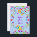 Floral Mexican Fiesta & Papel Picado - Light Blue Save The Date<br><div class="desc">Blumenkarte im mexikanischen Fiesta-Stil und beiderseits mit volkstümlichen Blume und Papelpicado dekoriert. Die Formulierung auf der Vorderseite lautet einfach "Save the Date" auf lila auf einem hellblauen Hintergrund. Auf der Rückseite ist die Vorlage für Sie bereit, um Ihr spezielles Datum, Ihren Namen, den Anlass und den benutzerdefinierten Text hinzuzufügen. Das...</div>