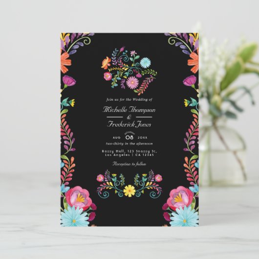 Floral Mexican Fiesta QR Code UAWG Wedding Einladung (Stehend Vorderseite)