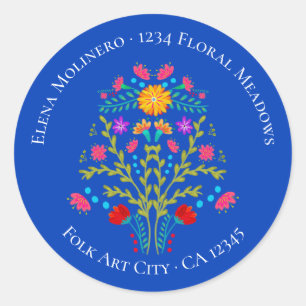 Floral mexikanische Fiesta Blume Royal Blue Addres Runder Aufkleber