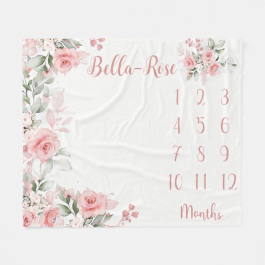 Floral Milestone Blanket Girl Pink Roses Baby Mont Fleecedecke (Vorderseite (Horizontal))