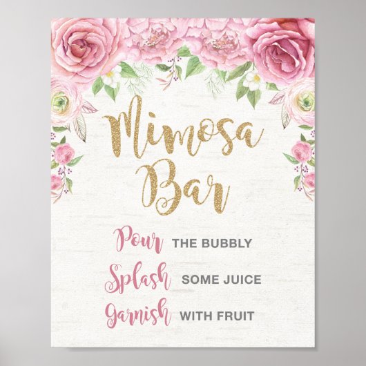 Floral Mimosa Bar Sign Pink Gold Blume Hochzeit Poster (Vorne)