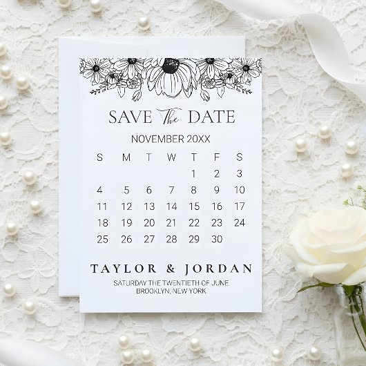 Floral Minimalist Botanical Calendar Wedding Save The Date