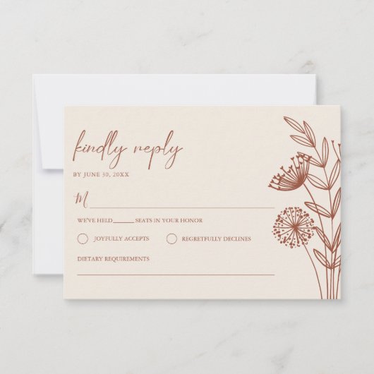 Floral Minimalistisch Terracotta Burnt Orange Wedd RSVP Karte (Vorderseite)