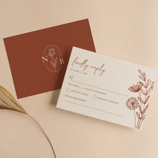 Floral Minimalistisch Terracotta Burnt Orange Wedd RSVP Karte