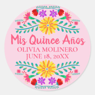 Floral Mis Quince Anos Pink Mexican Fiesta Runder Aufkleber