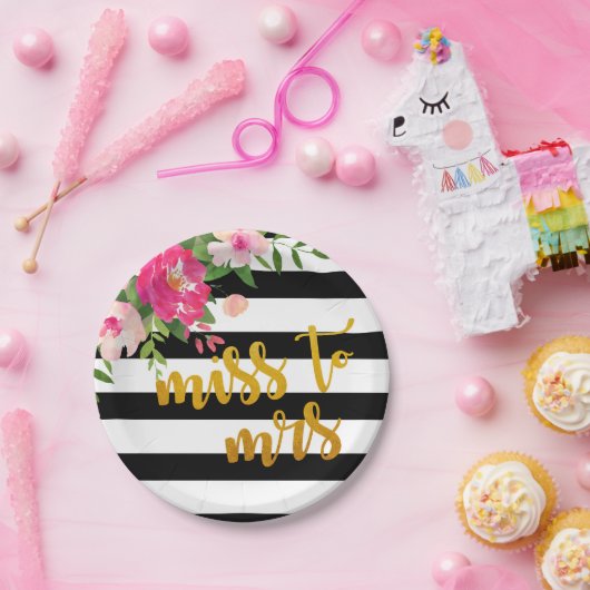Floral Miss Frau Plate - Schwarz & Weiß Streifen Pappteller (Party)